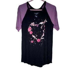 Torrid Super Soft Black Purple Raglan Floral Heart Knit Tee Shirt 0